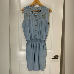 Vintage SPOTLIGHT Denim Romper size L with Pockets Bejewelled Sun and Moon